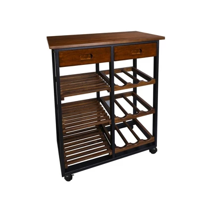 28" Solid Wood Rolling Kitchen Cart With Wine Rack And Drawer Dark Brown - Flora Home 3 28" Solid Wood Rolling Kitchen Cart With Wine Rack And Drawer Dark Brown - Flora Home