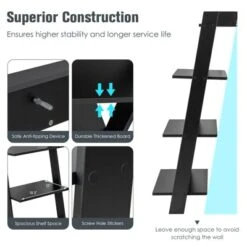 Tangkula 4-Tier Ladder Shelf 43” Tall Wooden Leaning Bookshelf Display Rack Modern Shelving Stand With Anti-tipping Device Black -Furniture Specialty Store GUEST 085a358a ae68 4f5e a5f0 8dd1203ff357