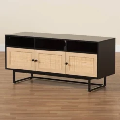 Declan Wood And Natural Rattan 3 Door TV Stand Espresso Brown/Black - Baxton Studio -Furniture Specialty Store GUEST 096d4c73 3ab7 413b 9601 5b16dd7ebe1a