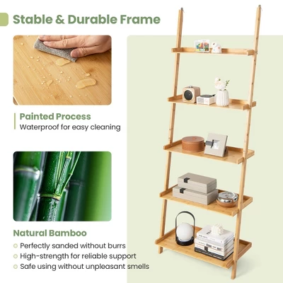 Costway 2 PCS 5-Tier Bamboo Ladder Shelf Wall-Leaning Display Bookcase Storage Rack 10 Costway 2 PCS 5-Tier Bamboo Ladder Shelf Wall-Leaning Display Bookcase Storage Rack - Image 8