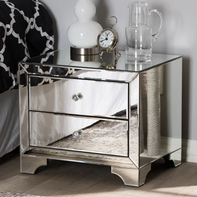 Farrah Hollywood Regency Glamour Style Mirrored 2 - Drawer Nightstand - Baxton Studio 7 Farrah Hollywood Regency Glamour Style Mirrored 2 - Drawer Nightstand - Baxton Studio - Image 5