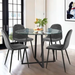 Hana + Spoon 5-Piece Round Clear Glass Dining Table Set With 4 Upholstered Chairs Black Legs For Home Kitchen Restaurant -The Pop Maison -Furniture Specialty Store GUEST 0b2563af 7b04 4bf8 bddb 3ef6253737b5