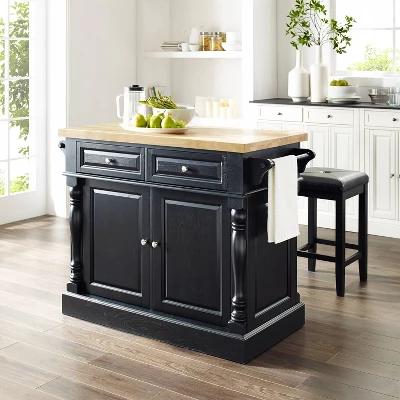 Oxford Kitchen Island With Square Seat Stools Black - Crosley 3 Oxford Kitchen Island With Square Seat Stools Black - Crosley
