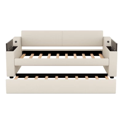 Twin Size Upholstery Daybed With Storage Arms, Trundle And USB Design, Beige - ModernLuxe 7 Twin Size Upholstery Daybed With Storage Arms, Trundle And USB Design, Beige - ModernLuxe - Image 5