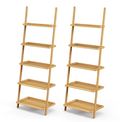 Costway 2 PCS 5-Tier Bamboo Ladder Shelf Wall-Leaning Display Bookcase Storage Rack 11 Costway 2 PCS 5-Tier Bamboo Ladder Shelf Wall-Leaning Display Bookcase Storage Rack - Image 9