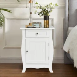 Costway 2PCS Accent End Table With Drawer Storage Cabinet Nightstand White