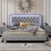 Queen Size Velvet Upholstered Platform Bed Frame With LED Lights And Tufted Headboard-ModernLuxe