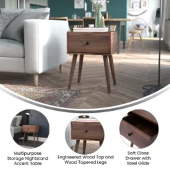 Flash Furniture Hatfield Mid-Century Modern One Drawer Wood Nightstand, Side Accent Or End Table With Soft Close Storage Drawer, Dark Walnut -Furniture Specialty Store GUEST 23e4967a ca29 4df1 bf13 0fb9e1d3ac91