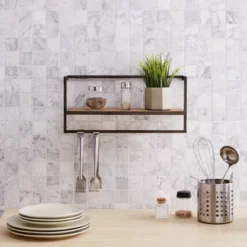 17" X 7.9" Floating Industrial Wood Wall Shelf With Metal Towel Bar Black - Danya B. -Furniture Specialty Store GUEST 29c8bf56 358c 475a b799 ab3f49201c14