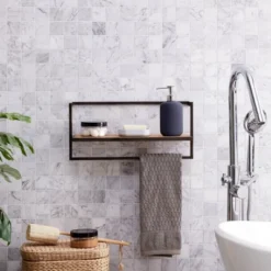 17" X 7.9" Floating Industrial Wood Wall Shelf With Metal Towel Bar Black - Danya B. -Furniture Specialty Store GUEST 2aec064d 1061 49e1 a3b8 6faeba9b6980