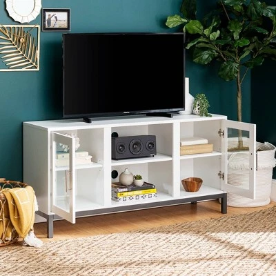 Pierceton Modern Double Glass Door With Metal Legs TV Stand For TVs Up To 58" White - Saracina Home 8 Pierceton Modern Double Glass Door With Metal Legs TV Stand For TVs Up To 58" White - Saracina Home - Image 6