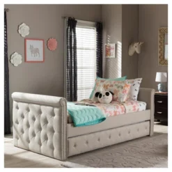 Twin Swanson Modern And Contemporary Fabric Tufted Daybed With Roll-Out Trundle Guest Bed - Baxton Studio -Furniture Specialty Store GUEST 2e28e254 e987 4a12 9f27 e068e788717c