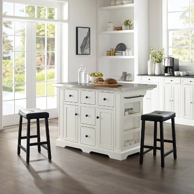 Julia Stainless Steel Top Kitchen Island With 2 Upholstered Saddle Counter Height Barstools White - Crosley 3 Julia Stainless Steel Top Kitchen Island With 2 Upholstered Saddle Counter Height Barstools White - Crosley