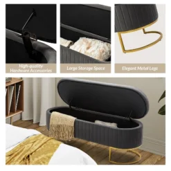 Nuria 50" Wide Modern Upholstered Flip Top Storage Bench With Golden Metal C-shaped Sled Legs For Living Room | ARTFUL LIVING DESIGN -Furniture Specialty Store GUEST 34e7425f 9ae4 468a 95a6 54d1fbd9470a