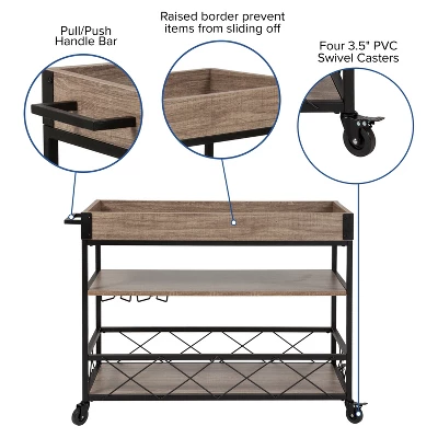 Flash Furniture Buckhead Distressed Light Oak Wood And Iron Kitchen Serving And Bar Cart With Wine Glass Holders 4 Flash Furniture Buckhead Distressed Light Oak Wood And Iron Kitchen Serving And Bar Cart With Wine Glass Holders - Image 2