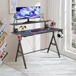 Tangkula Gaming Desk Dual Monitor Mount Ergonomic Y Shaped Computer Desk W/Cup Holder Headphone Hook