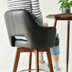 26.5" Edward Armrest Faux Leather Thick Seat 360° Swivel Barstool Combine With Rubberwood Legs And Silver Footrest(Set Of 2)-Maison Boucle -Furniture Specialty Store GUEST 389976eb b0fc 4553 9fbc 50184b25614f