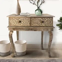 2 Drawer Mango Wood Console Table With Floral Carved Front Brown/White - The Urban Port -Furniture Specialty Store GUEST 39076a1c 9ca1 46a5 b3ae 1121bd388f16