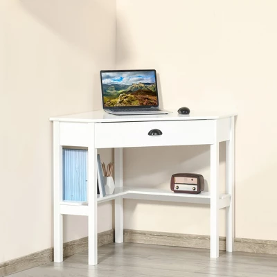 HOMCOM Corner Desk, Triangle Computer Desk With Drawer And Storage Shelves For Small Spaces, Home Office Workstation For Living Room, Or Bedroom 3 HOMCOM Corner Desk, Triangle Computer Desk With Drawer And Storage Shelves For Small Spaces, Home Office Workstation For Living Room, Or Bedroom