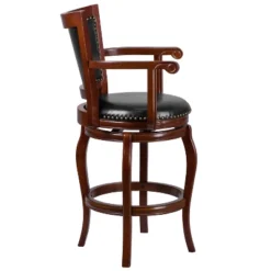 Merrick Lane 30" Cherry Wood Panel Back Bar Stool With Arms And Black Faux Leather Swivel Seat -Furniture Specialty Store GUEST 407e28fe 00cc 48c0 9dd3 7974703f768f
