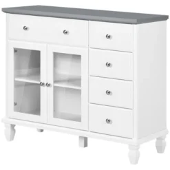 HOMCOM Kitchen Sideboard, Buffet Cabinet With 5 Storage Drawers And Double Glass Door Cupboard For Living Room, White -Furniture Specialty Store GUEST 40aac111 dae6 4622 8ec9 ec6366c3009c
