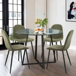 Hana + Spoon 5-Piece Round Clear Glass Dining Table Set With 4 Upholstered Chairs Black Legs For Home Kitchen Restaurant -The Pop Maison -Furniture Specialty Store GUEST 4533a0d7 b53f 4a6d 9482 249426521e83