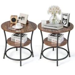 Costway 2 PCS 2-Tier Sofa Side End Table Round Nightstand With Sturdy Metal Frame Brown/Oak -Furniture Specialty Store GUEST 45dbc5b2 4e67 493a a759 f5992aaec732