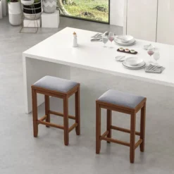 Costway Set Of 2 Upholstered Bar Stools Wooden Counter Height Dining Chairs Brown