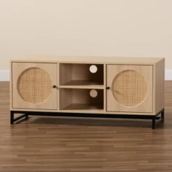 Ardon Bohemian Wood And Metal 2 Door Natural Rattan TV Stand For TVs Up To 40" Light Brown/Black - Baxton Studio -Furniture Specialty Store GUEST 4a478c04 ed1c 4bc3 91bf ac12b05e69cf