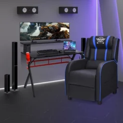Costway Gaming Desk & Chair Set 48'' Computer Desk & Massage Recliner Chair Black + White/Blue/Pink/Red