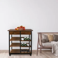 28" Solid Wood Rolling Kitchen Cart With Wine Rack And Drawer Dark Brown - Flora Home 19 28" Solid Wood Rolling Kitchen Cart With Wine Rack And Drawer Dark Brown - Flora Home -Furniture Specialty Store GUEST 5563906f 60ea 40f4 819f 025420feb58d