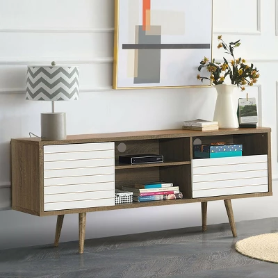 Costway Modern TV Stand/Console Cabinet 3 Shelves Storage Drawer Splayed Leg Wood/White 4 Costway Modern TV Stand/Console Cabinet 3 Shelves Storage Drawer Splayed Leg Wood/White - Image 2