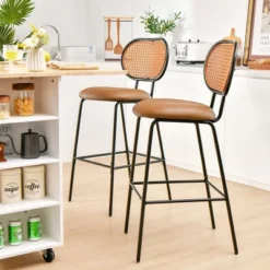 Costway Set Of 2 Bar Stools Faux Leather Bar Height Kitchen Chairs With Rattan Back Brown/Green