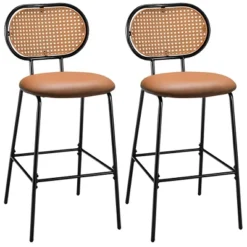 Costway Set Of 2 Bar Stools Faux Leather Bar Height Kitchen Chairs With Rattan Back Brown/Green -Furniture Specialty Store GUEST 5f939eab 074a 4df8 a8c8 79709a857a7e
