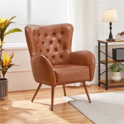 Yaheetech Vintage Accent Armchair With High Back Faux Leather For Living Room