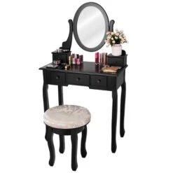 Costway Vanity Table Makeup Table Cushioned Mirror 5 Drawers Black -Furniture Specialty Store GUEST 64473ebf dd11 4bd2 bdda bb60eab9bd72