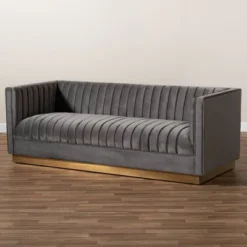Aveline Velvet Upholstered Finished Sofa Gray/Gold - Baxton Studio -Furniture Specialty Store GUEST 6602a4a8 0700 4192 ac47 9a16d70210bb