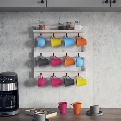 Emma And Oliver Wall Mounted Mug Rack With 12 Coffee Cup Hangers And Built-In Shelf For Coffee, Sugar & More 5 Emma And Oliver Wall Mounted Mug Rack With 12 Coffee Cup Hangers And Built-In Shelf For Coffee, Sugar & More - Image 3