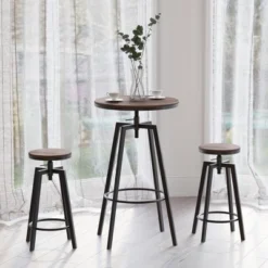 HOMCOM 3 Piece Industrial Adjustable Dining Table Set, Bar Height Bistro Table And Swivel Pub Stools For Small Space