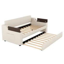 Twin Size Upholstery Daybed With Storage Arms, Trundle And USB Design, Beige - ModernLuxe 15 Twin Size Upholstery Daybed With Storage Arms, Trundle And USB Design, Beige - ModernLuxe -Furniture Specialty Store GUEST 6994f09a d706 41de 83e6 50e5caea0bc1