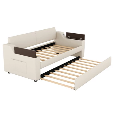 Twin Size Upholstery Daybed With Storage Arms, Trundle And USB Design, Beige - ModernLuxe 6 Twin Size Upholstery Daybed With Storage Arms, Trundle And USB Design, Beige - ModernLuxe - Image 4