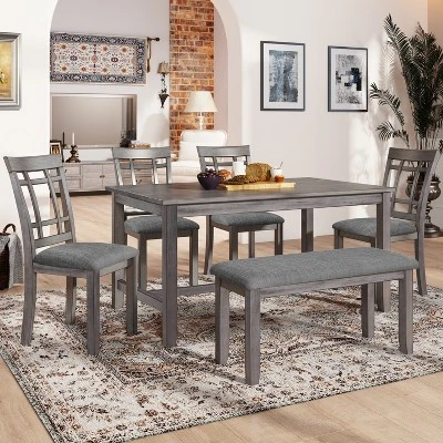 6-Piece Farmhouse Rustic Wooden Dining Table Set With 4 Chairs And Bench, Antique Gray - ModernLuxe 3 6-Piece Farmhouse Rustic Wooden Dining Table Set With 4 Chairs And Bench, Antique Gray - ModernLuxe