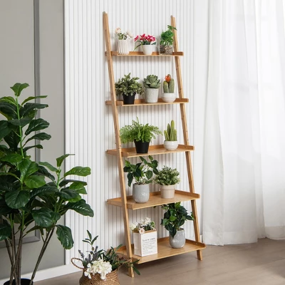 Costway 2 PCS 5-Tier Bamboo Ladder Shelf Wall-Leaning Display Bookcase Storage Rack 3 Costway 2 PCS 5-Tier Bamboo Ladder Shelf Wall-Leaning Display Bookcase Storage Rack