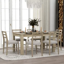 7 PCS Extendable Wooden Dining Table Set With 6 Upholstered Chairs, 12" Leaf And 2 Drawers-ModernLuxe