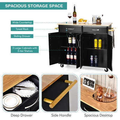 Costway 4-Door Rolling Kitchen Island Cart Buffet Cabinet W/ Towel Racks Drawers WhiteBlack 7 Costway 4-Door Rolling Kitchen Island Cart Buffet Cabinet W/ Towel Racks Drawers WhiteBlack - Image 5