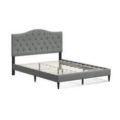 Glenwillow Home Oros Upholstered Platform Bed, Tufted Camelback, Mattress Foundation, Wood Slat Support, No Box Spring Needed, Stone, Queen