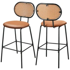 Costway Set Of 2 Bar Stools Faux Leather Bar Height Kitchen Chairs With Rattan Back Brown/Green -Furniture Specialty Store GUEST 721de8a0 d491 4370 b46e ac999c07b211