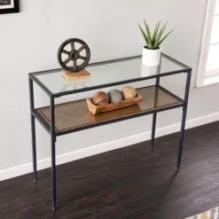 Dorhice Glass Top Console Table Black/Natural - Aiden Lane -Furniture Specialty Store GUEST 7298e93f d33f 4edd 86ed 58a4ec21636d