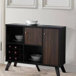 Wooden Wine Bar Storage Cabinet With 2 Door Cabinet And Storage Cubes Black/Brown - Benzara -Furniture Specialty Store GUEST 7343390e 225a 4b4e a3b5 c804a6cceb33