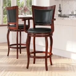 Merrick Lane 30" Cherry Wood Panel Back Bar Stool With Arms And Black Faux Leather Swivel Seat